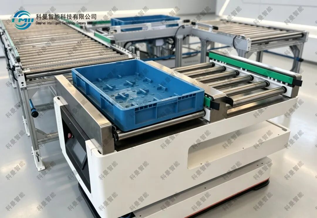 辊筒式AGV与输送线、料箱自动对接的作业实景